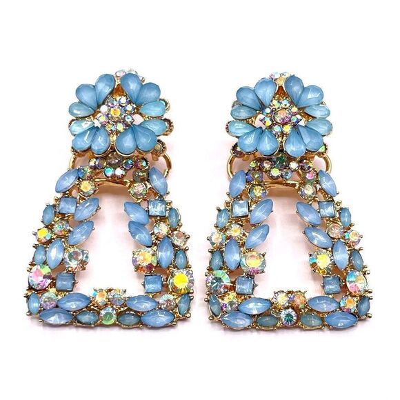Yellow Gold with Powder Blue and Iridescent AB Crystal Flower Post Back Earrings - Picture 1 of 6